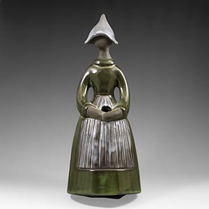 Flower girl from Jie gantofta of Sweden. This fiigure is unusual in that the piece usually comes in blue, not green. It is also a large example of the figure. Unmarked and no sticker, as usual.