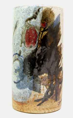 conny walter massive studio vase abstract in earth tones accented with red and blue