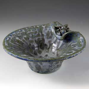 arne bang small bowl with leaf and berry decoration mottled green on a streaked grey background with touches of blue inscribed 21 on bottom
