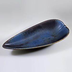 Gunnar Nylund for Rorstrand, long leaf-shaped bowl with blue haresfur glaze  ARQ