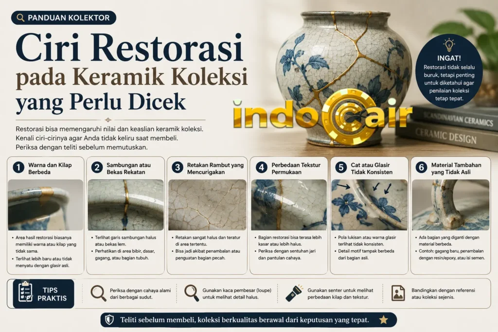 Pemeriksaan ciri restorasi dan retak pada permukaan keramik koleksi