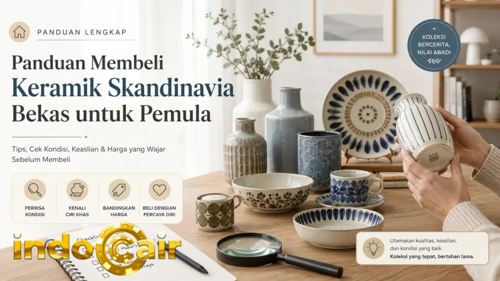 Kolektor pemula memeriksa keramik Skandinavia bekas sebelum membeli