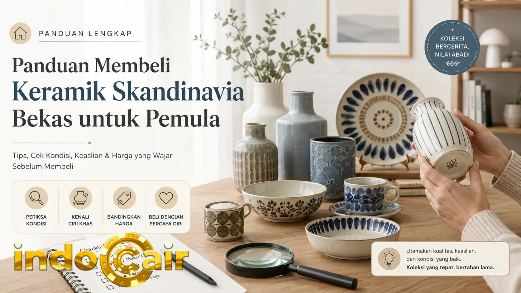 Kolektor pemula memeriksa keramik Skandinavia bekas sebelum membeli
