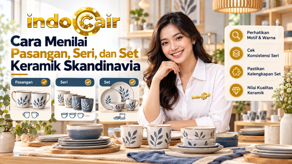 Cara menilai pasangan, seri, dan set keramik Skandinavia berdasarkan motif, warna, konsistensi desain, kelengkapan set, dan kualitas keramik.
