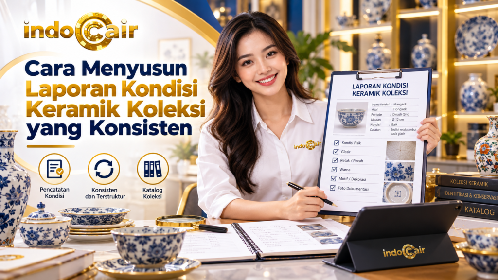 Cara menyusun laporan kondisi keramik koleksi yang konsisten dengan pencatatan kondisi fisik, glasir, retak, warna, motif, dan dokumentasi foto.