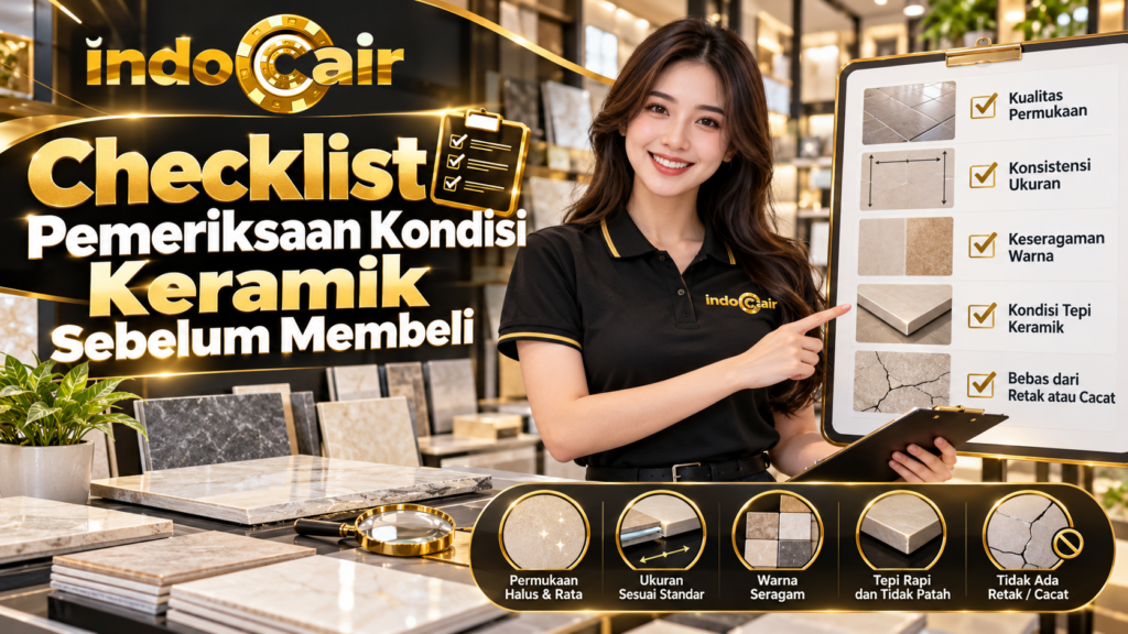 Checklist pemeriksaan kondisi keramik sebelum membeli, meliputi permukaan, ukuran, warna, tepi, serta retak atau cacat.