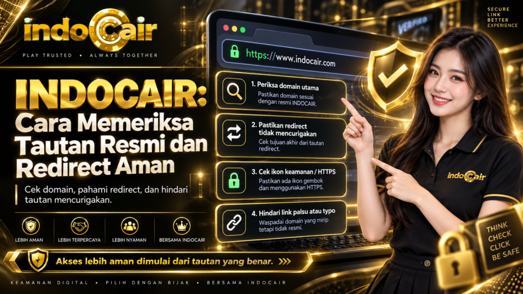 Ilustrasi panduan INDOCAIR untuk memeriksa domain, tujuan redirect, dan keamanan tautan sebelum mengakses akun