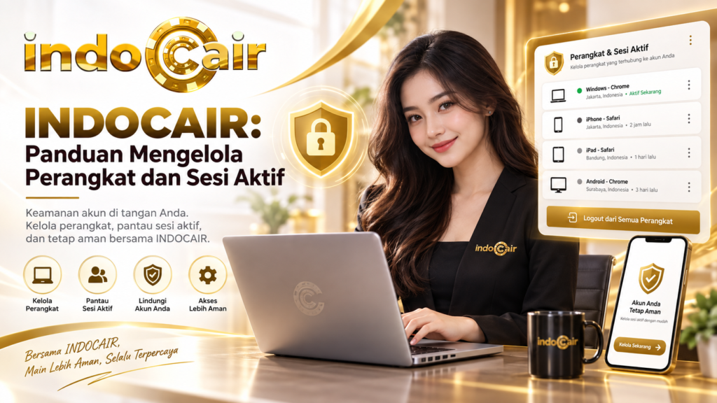 Ilustrasi panduan mengelola perangkat dan sesi aktif INDOCAIR dengan laptop, ponsel, dan wanita berlogo INDOCAIR