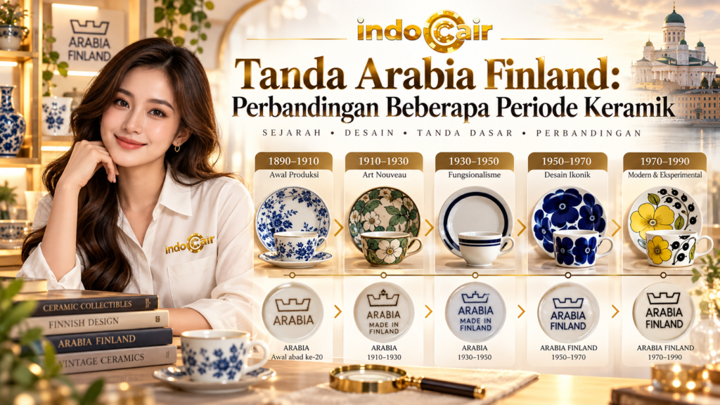 Perbandingan tanda Arabia Finland pada beberapa periode keramik untuk membantu mengenali perubahan desain, cap dasar, dan karakter produk dari masa ke masa.
