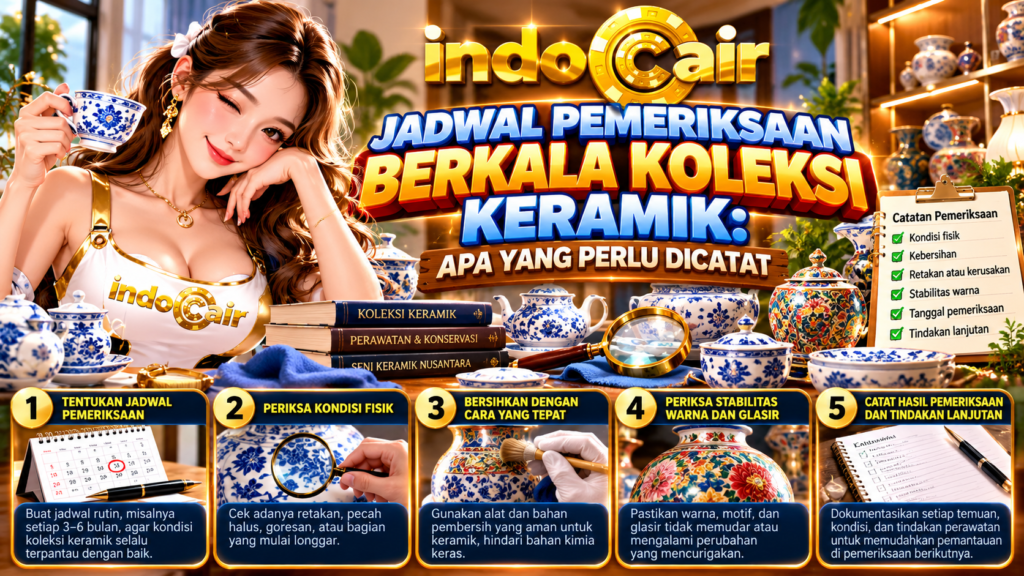 Banner INDOCAIR tentang jadwal pemeriksaan berkala koleksi keramik, menampilkan wanita berlogo INDOCAIR, vas porselen, kaca pembesar, kalender, dan lima langkah pemeriksaan serta perawatan keramik.