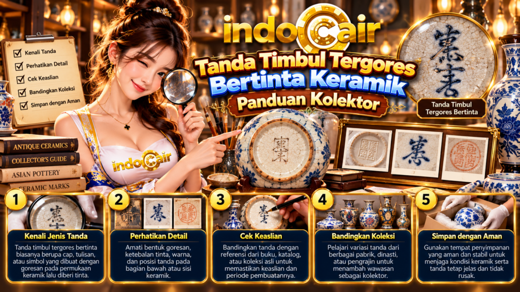Panduan mengenali tanda timbul, tergores, dan bertinta pada keramik antik, menampilkan wanita berbaju logo IndoCair dengan kaca pembesar, koleksi porselen, dan contoh cap keramik.
