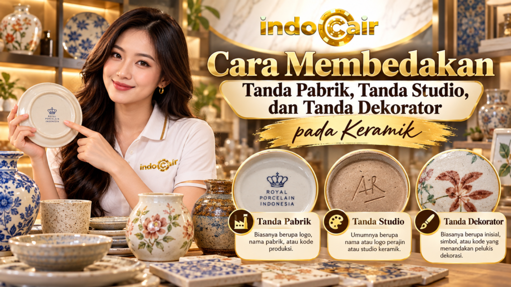 Cara membedakan tanda pabrik, tanda studio, dan tanda dekorator pada keramik melalui logo, inisial, simbol, serta kode produksi