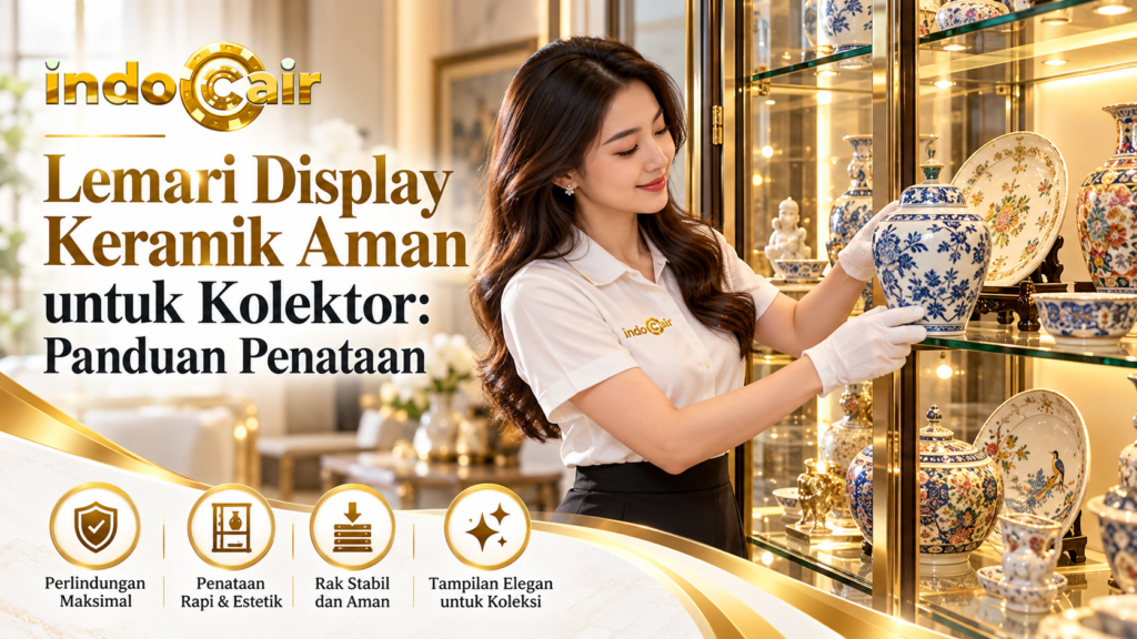 Lemari display keramik aman untuk kolektor dengan penataan vas, piring, dan koleksi keramik di rak kaca yang stabil dan rapi.