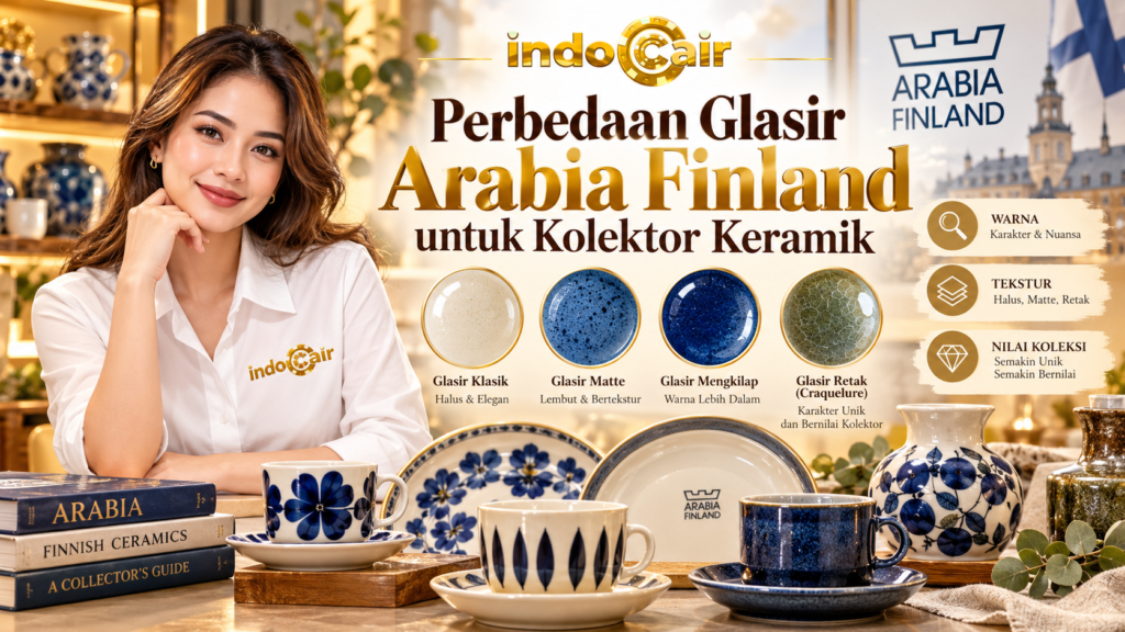 Perbedaan glasir Arabia Finland untuk kolektor keramik dengan contoh glasir klasik, matte, mengkilap, dan retak atau craquelure.